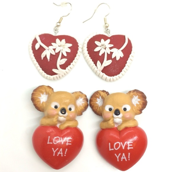 3/$30 VINTAGE CLAY HEART EARRINGS SILVER BEAR BROOCH PIN HALLMARK LOT VALENTINE - Picture 1 of 15